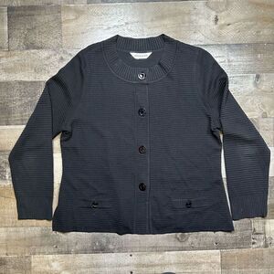 Exclusively Misook Women’s Size Large Cardigan Black Ribbed 4 Button Crew Neck